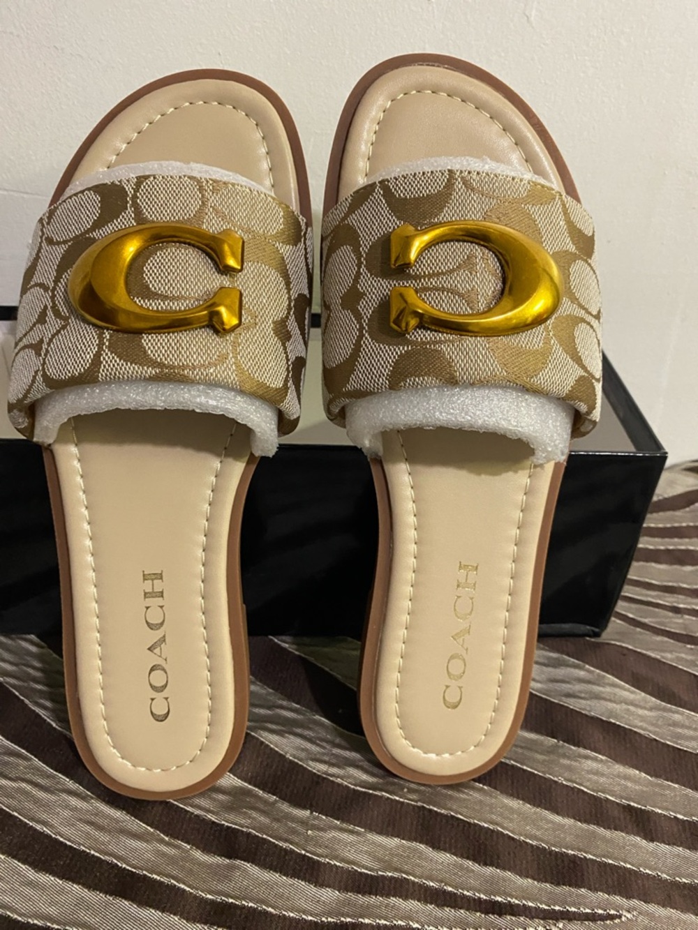Coach Beige Signature Canvas Slide Mules with Gold 'C' Hardware